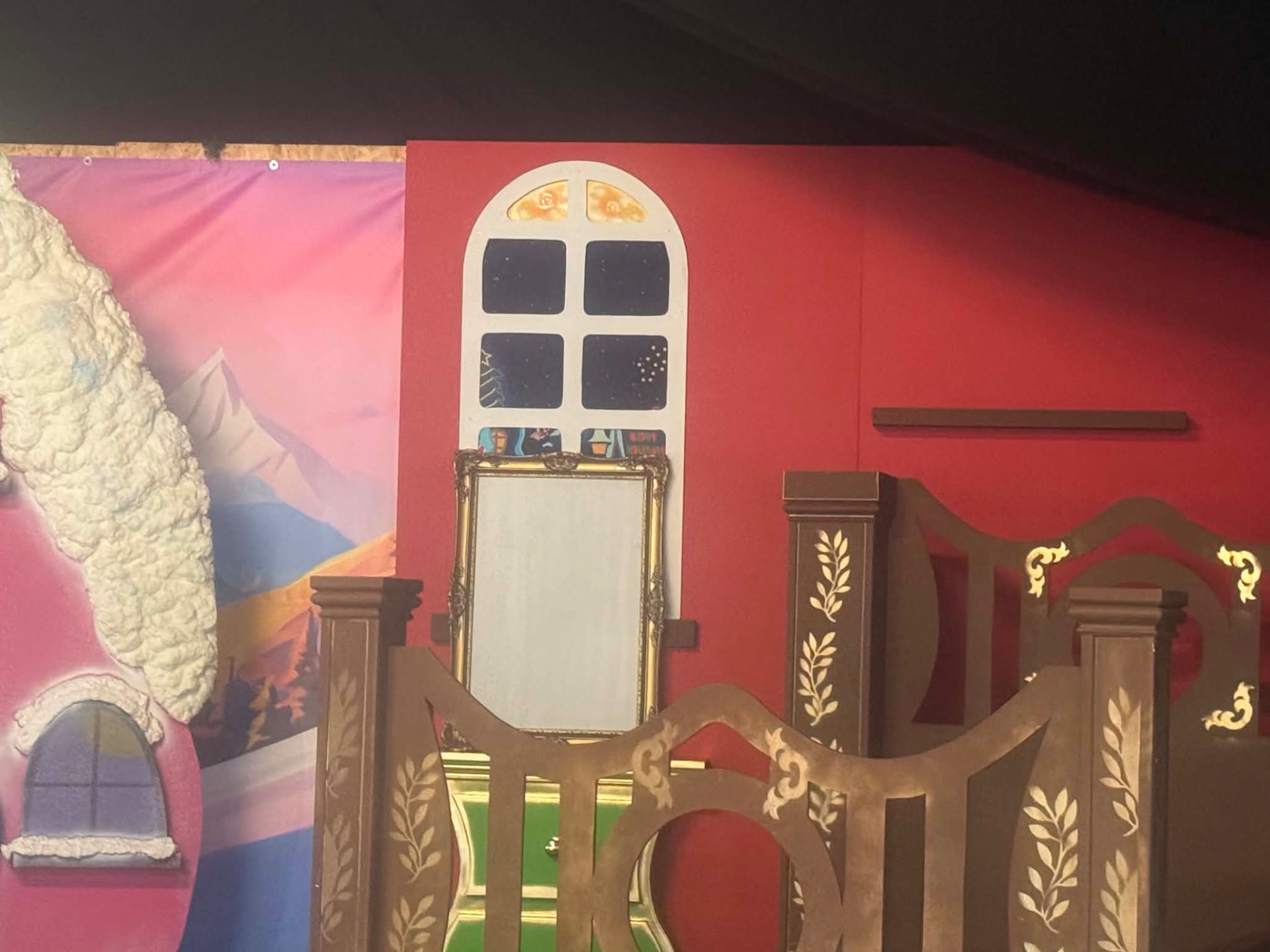 The Grinch's bedroom set with framed mirror and decorative balustrade
