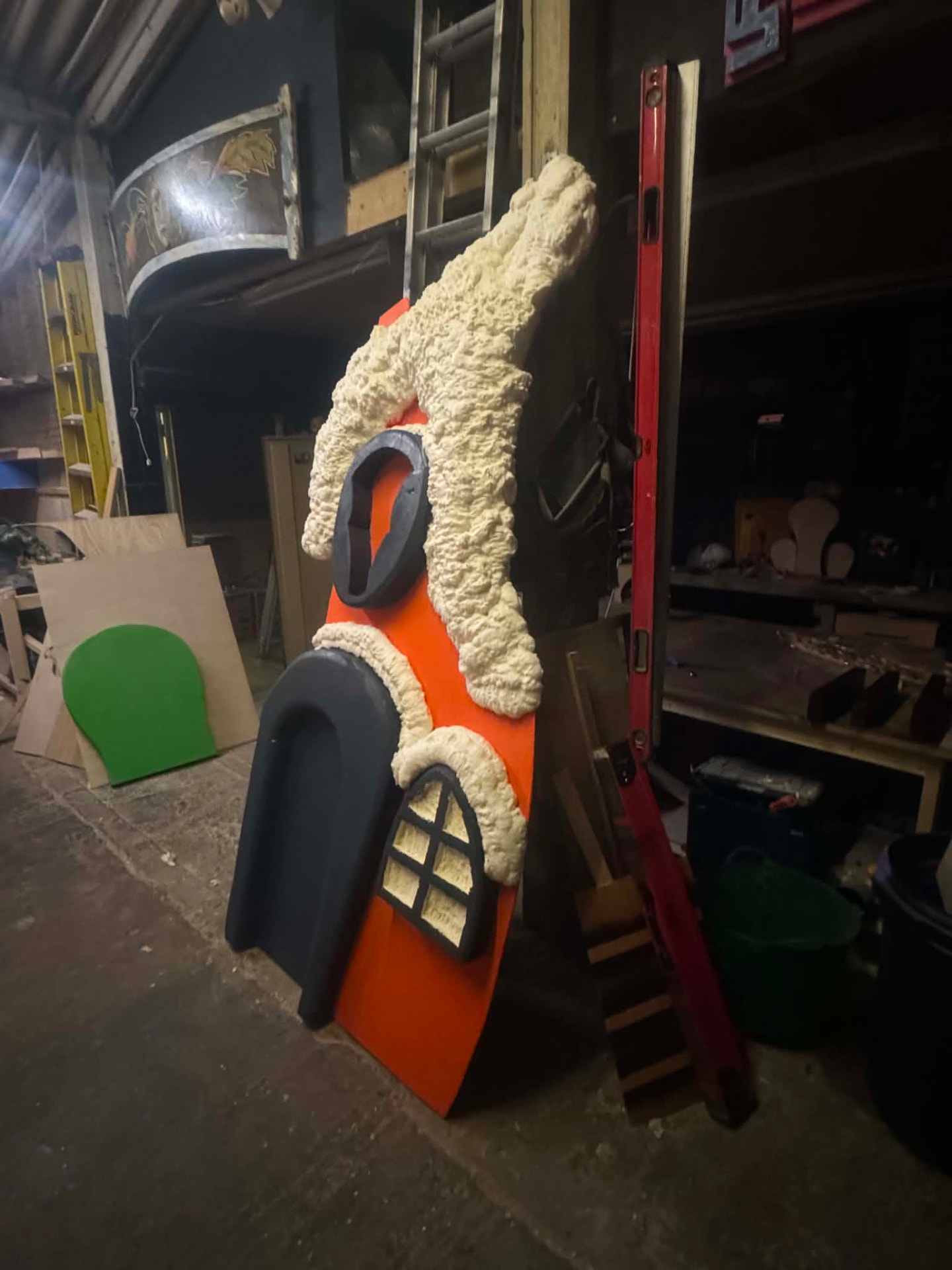 Foam-sculpted snow detailing applied to a Whoville house panel